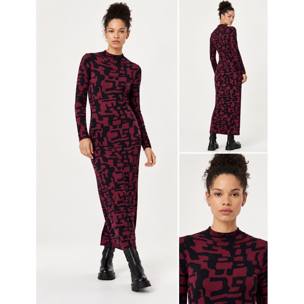Sweaty Betty Burgundy Black Abstract Geometric Mock Neck Knit Midi Dress Medium